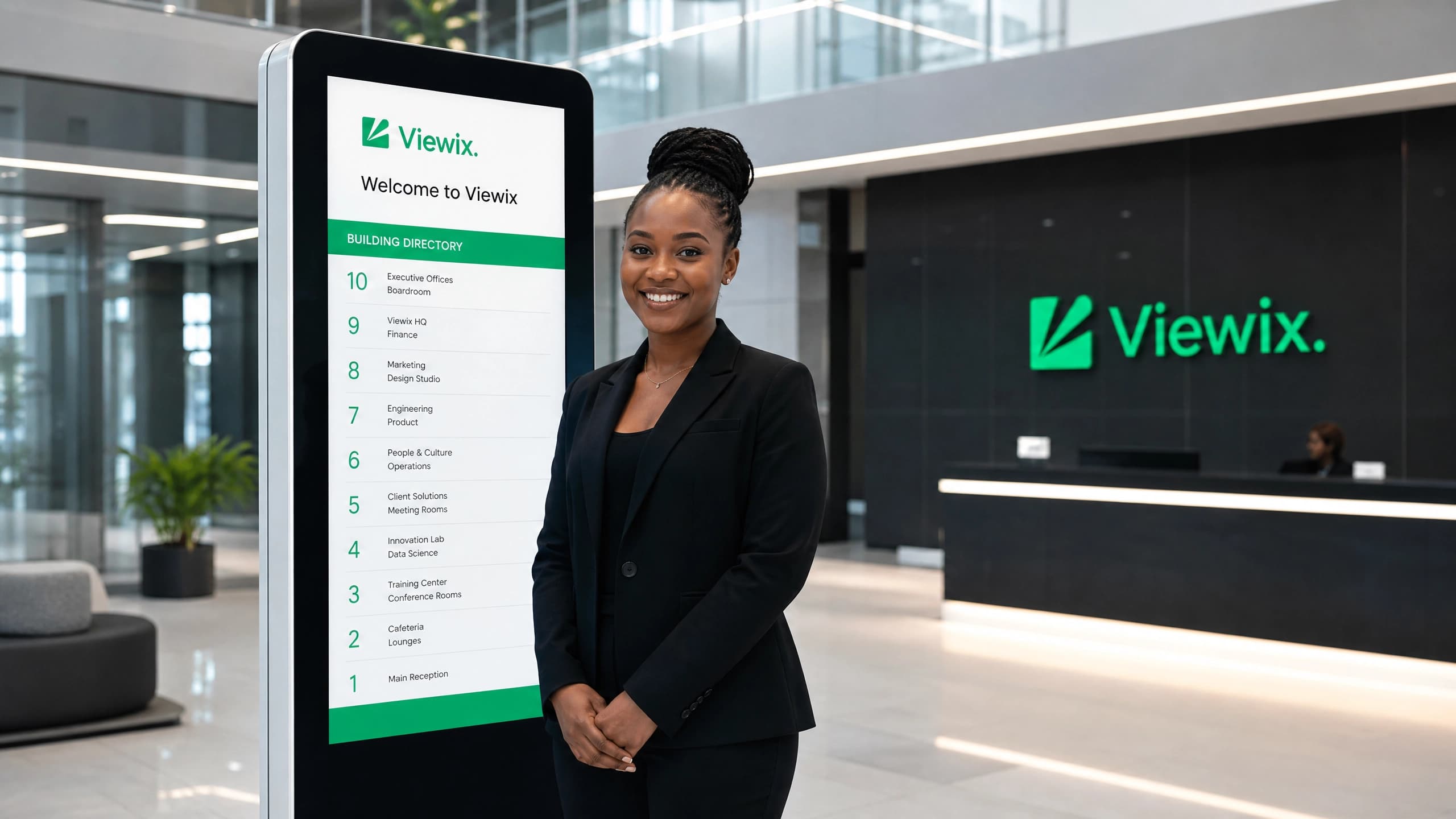 Viewix digital signage kiosk in a corporate lobby